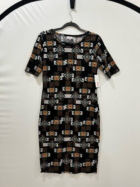 Lularoe Dress Medium Brown Black Country Cowgirl Western Aztec Shorts Sleeve